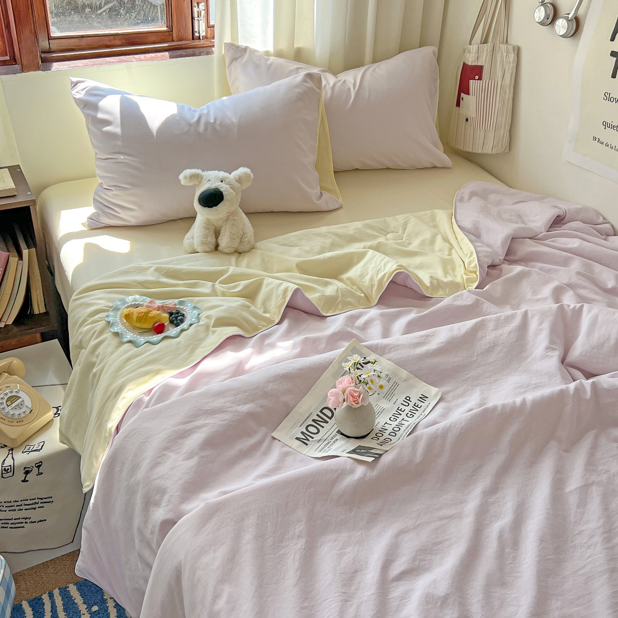 91家纺网 家纺一手货源 找家纺 冕悠家纺 2026春夏新款A类高克重超级无敌柔软水洗棉拼色夏被空调被夏凉被四件套 芝士+幕山紫-夏凉被