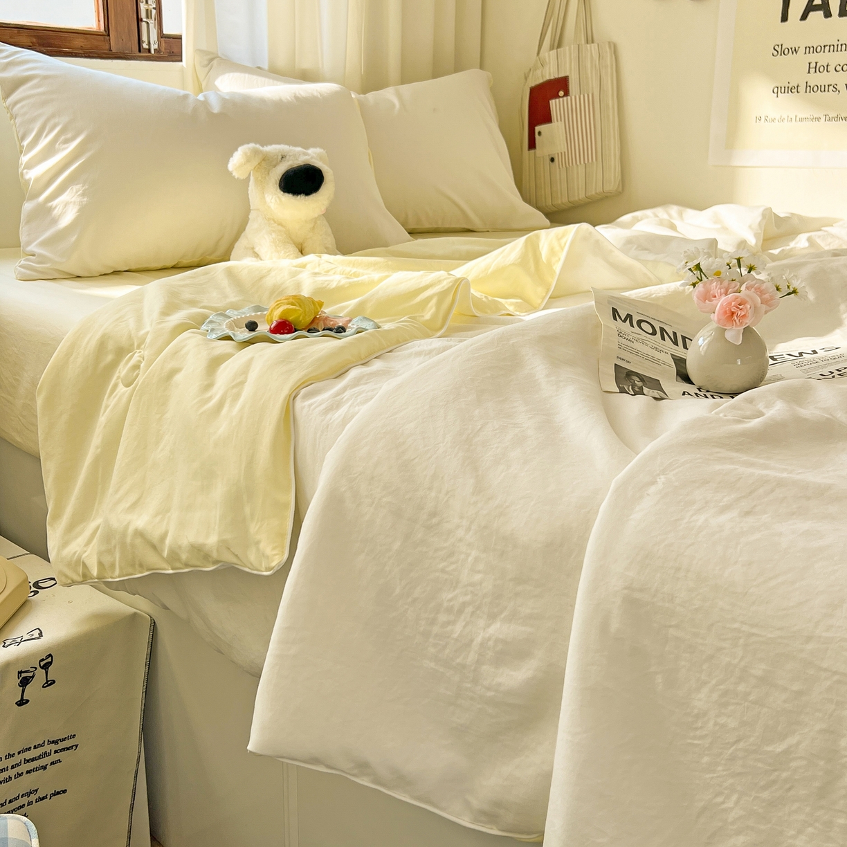 91家纺网 家纺一手货源 找家纺 冕悠家纺 2026春夏新款A类高克重超级无敌柔软水洗棉拼色夏被空调被夏凉被四件套 芝士+奶白-夏凉被