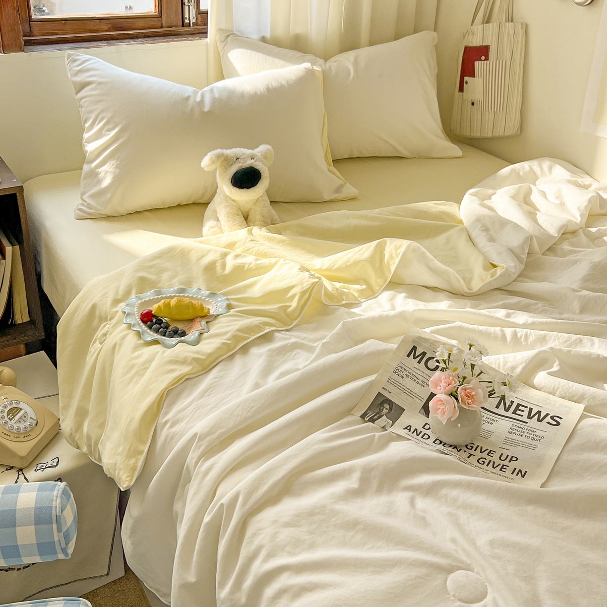 91家纺网 家纺一手货源 找家纺 冕悠家纺 2026春夏新款A类高克重超级无敌柔软水洗棉拼色夏被空调被夏凉被四件套 芝士+奶白-夏凉被