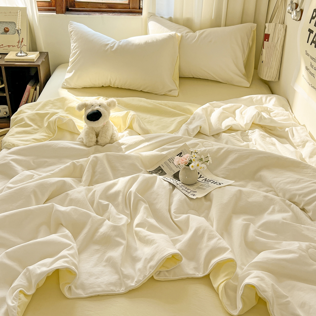 91家纺网 家纺一手货源 找家纺 冕悠家纺 2026春夏新款A类高克重超级无敌柔软水洗棉拼色夏被空调被夏凉被四件套 芝士+奶白-夏凉被