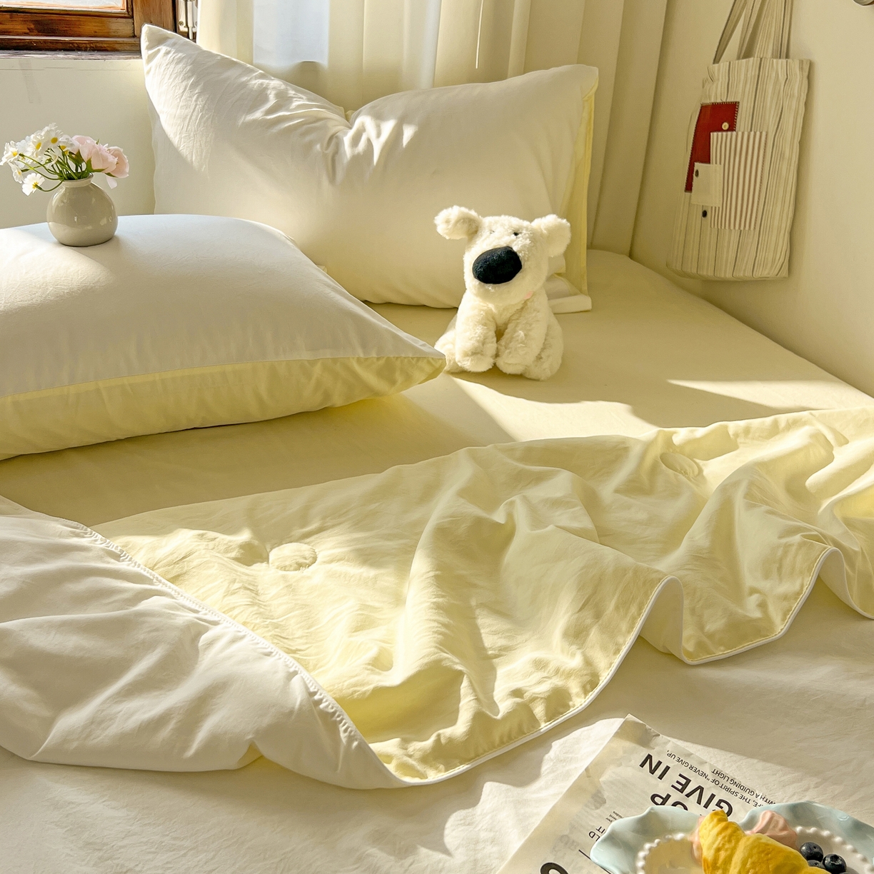 91家纺网 家纺一手货源 找家纺 冕悠家纺 2026春夏新款A类高克重超级无敌柔软水洗棉拼色夏被空调被夏凉被四件套 芝士+奶白-夏凉被