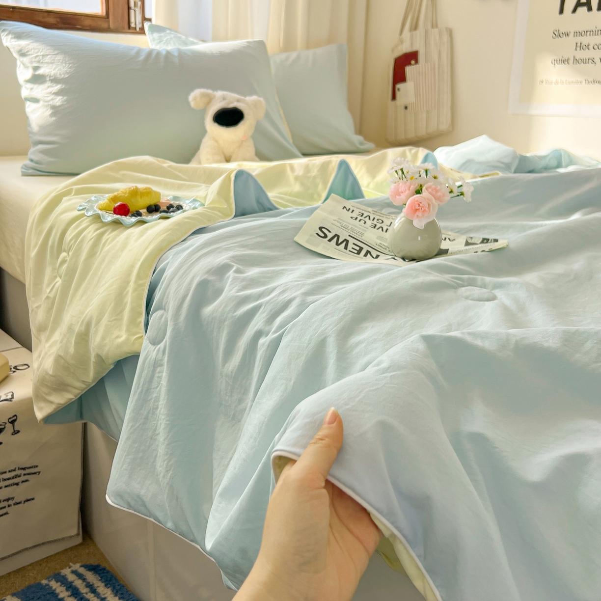 冕悠家纺 2026春夏新款A类高克重超级无敌柔软水洗棉拼色夏被空调被夏凉被四件套 芝士+云水蓝-夏凉被