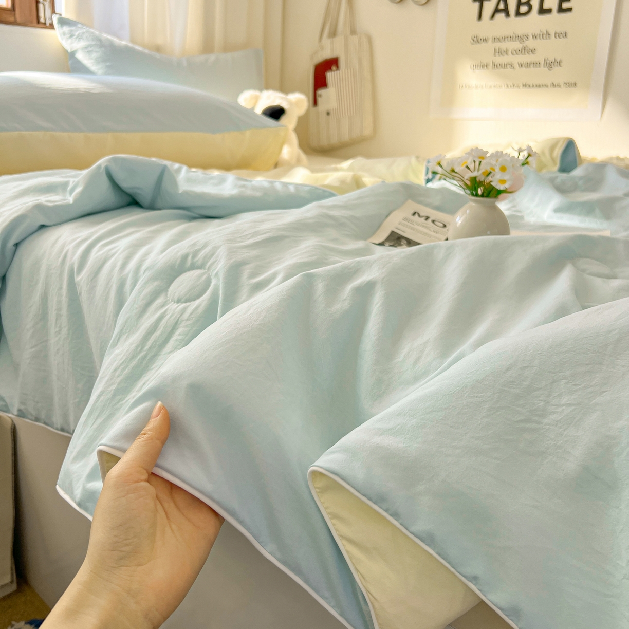 91家纺网 家纺一手货源 找家纺 冕悠家纺 2026春夏新款A类高克重超级无敌柔软水洗棉拼色夏被空调被夏凉被四件套 芝士+云水蓝-夏凉被