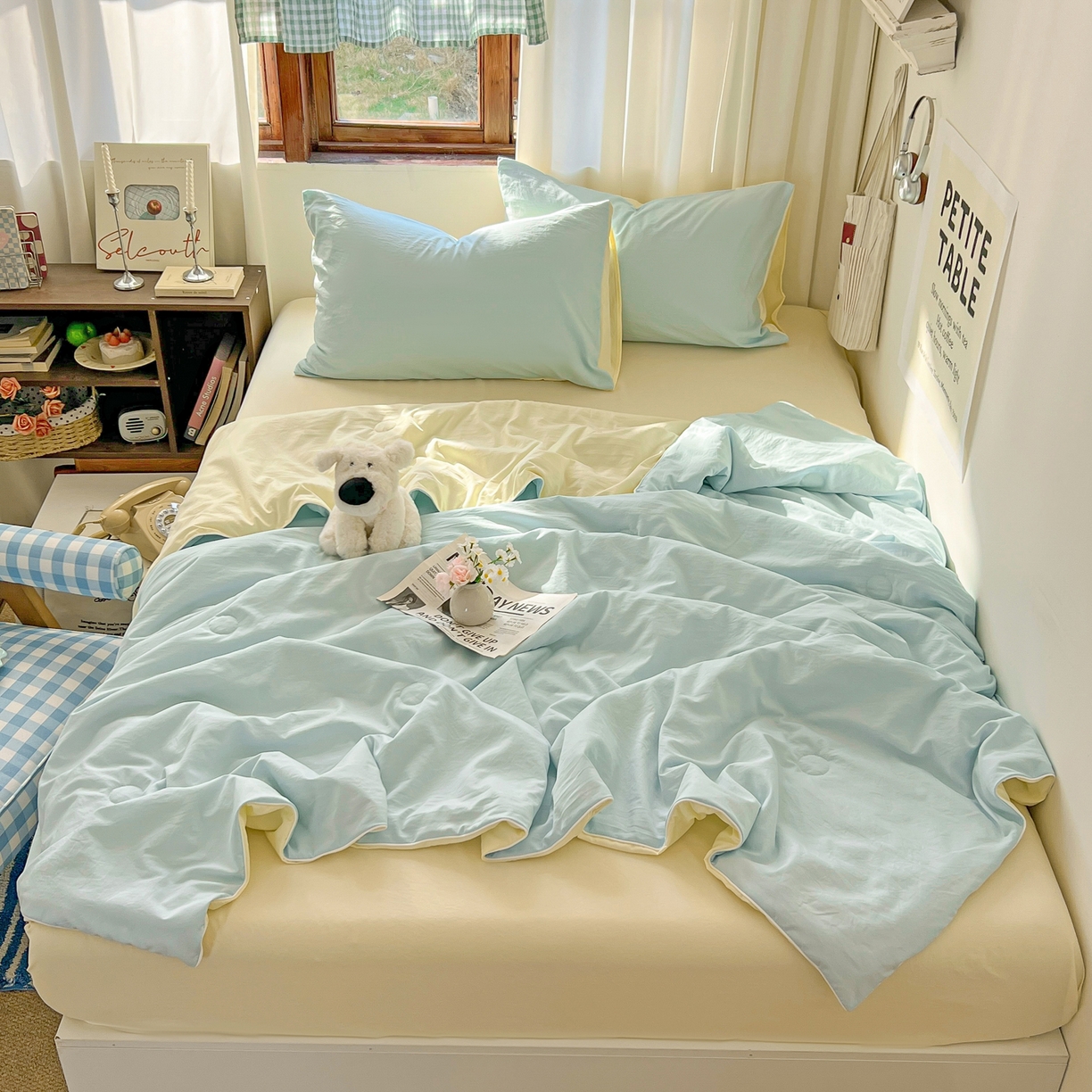 91家纺网 家纺一手货源 找家纺 冕悠家纺 2026春夏新款A类高克重超级无敌柔软水洗棉拼色夏被空调被夏凉被四件套 芝士+云水蓝-夏凉被