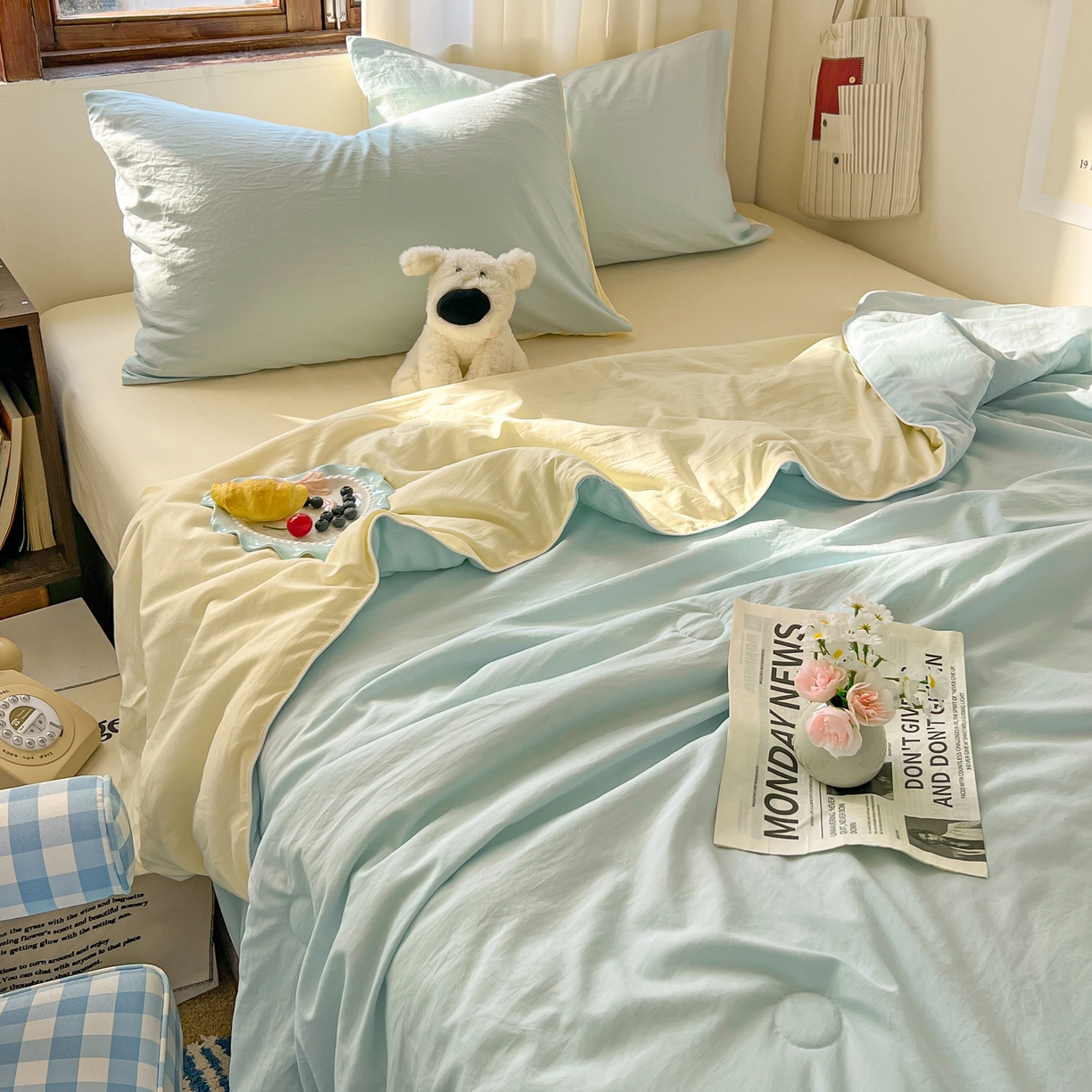 91家纺网 家纺一手货源 找家纺 冕悠家纺 2026春夏新款A类高克重超级无敌柔软水洗棉拼色夏被空调被夏凉被四件套 芝士+云水蓝-夏凉被