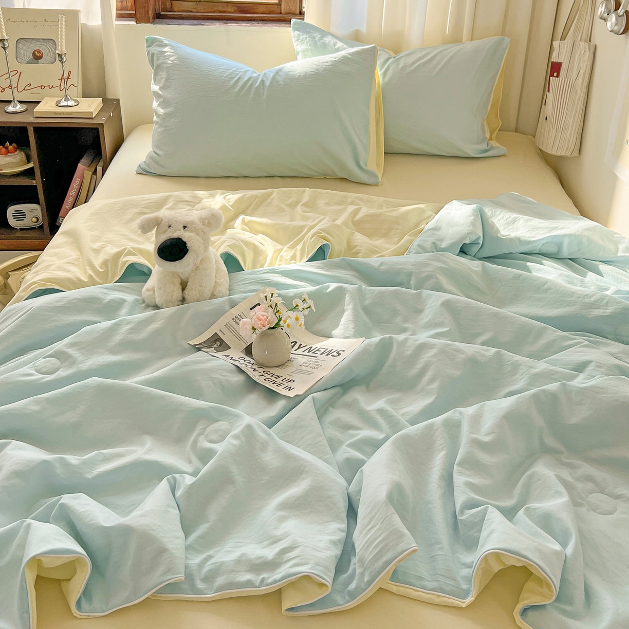 91家纺网 家纺一手货源 找家纺 冕悠家纺 2026春夏新款A类高克重超级无敌柔软水洗棉拼色夏被空调被夏凉被四件套 芝士+云水蓝-夏凉被