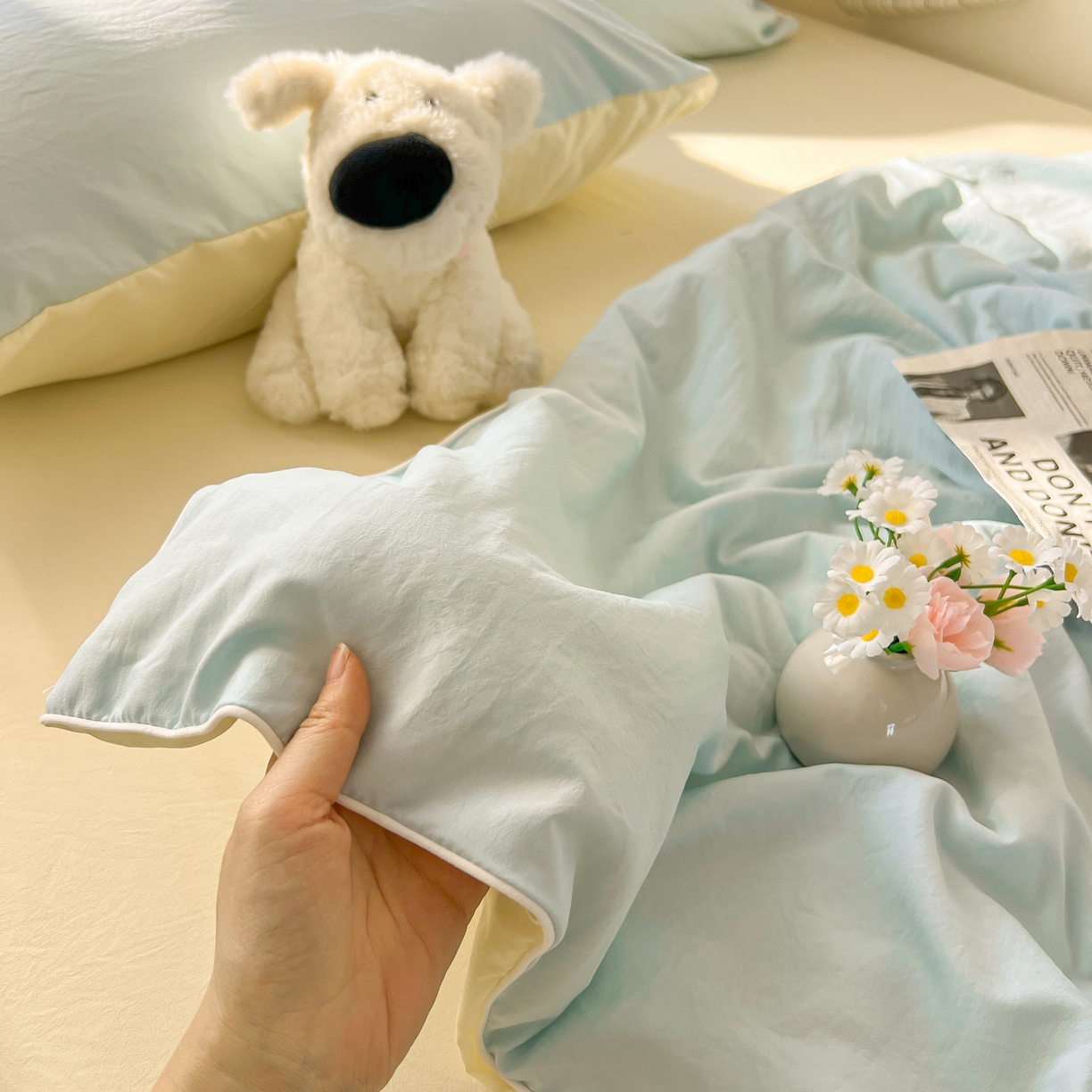 91家纺网 家纺一手货源 找家纺 冕悠家纺 2026春夏新款A类高克重超级无敌柔软水洗棉拼色夏被空调被夏凉被四件套 芝士+云水蓝-夏凉被