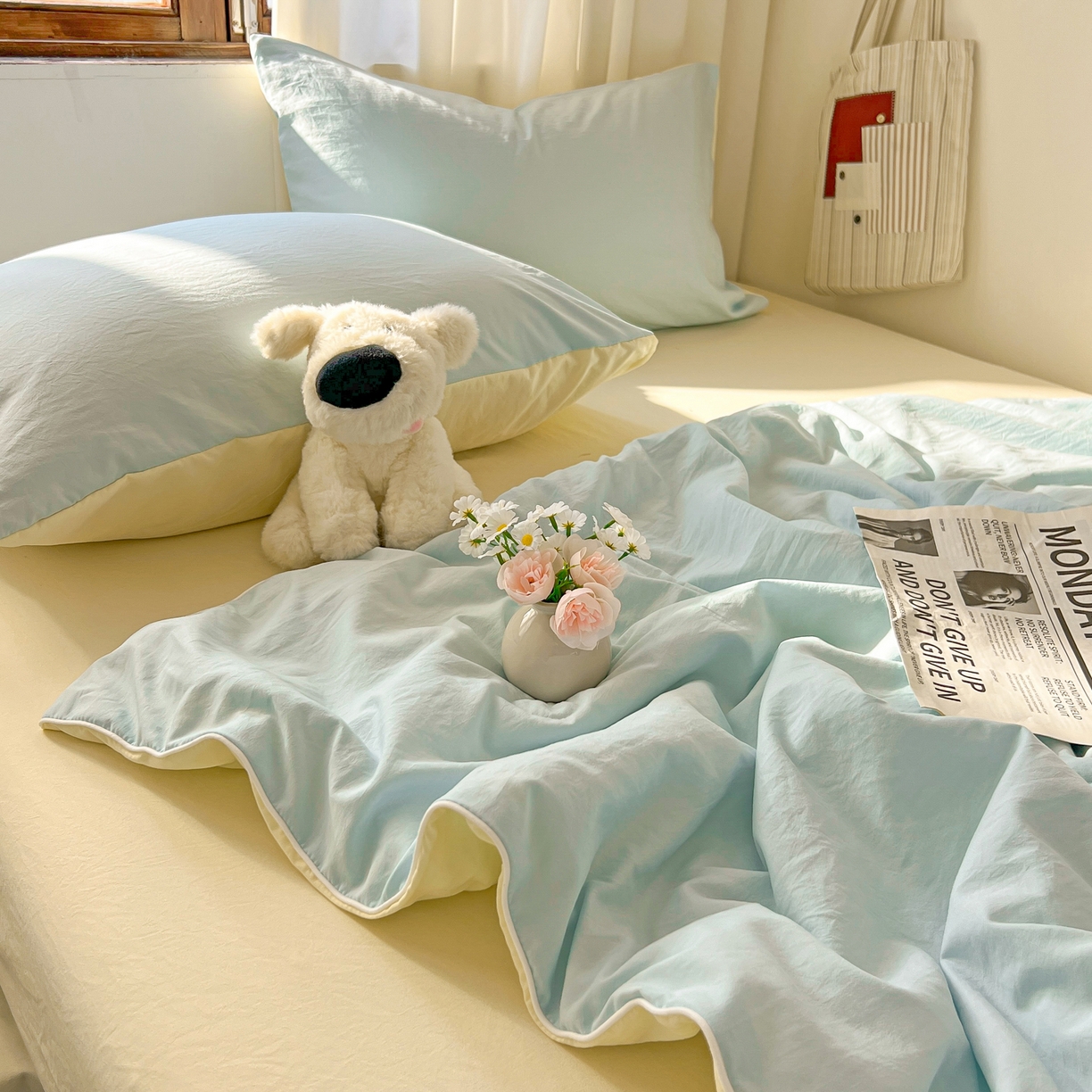 91家纺网 家纺一手货源 找家纺 冕悠家纺 2026春夏新款A类高克重超级无敌柔软水洗棉拼色夏被空调被夏凉被四件套 芝士+云水蓝-夏凉被