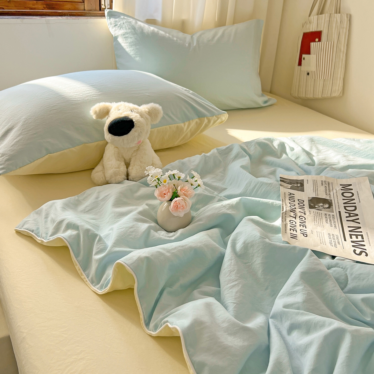 91家纺网 家纺一手货源 找家纺 冕悠家纺 2026春夏新款A类高克重超级无敌柔软水洗棉拼色夏被空调被夏凉被四件套 芝士+云水蓝-夏凉被