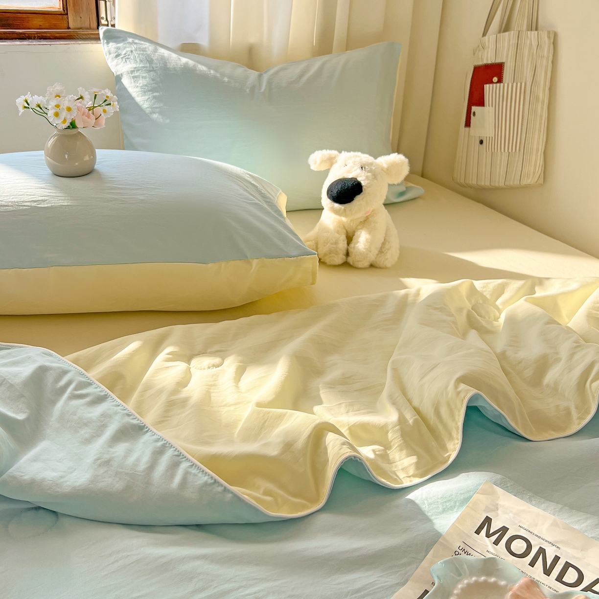 91家纺网 家纺一手货源 找家纺 冕悠家纺 2026春夏新款A类高克重超级无敌柔软水洗棉拼色夏被空调被夏凉被四件套 芝士+云水蓝-夏凉被