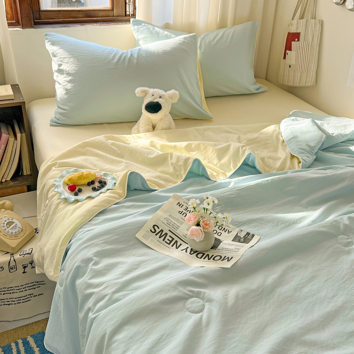 91家纺网 家纺一手货源 找家纺 冕悠家纺 2026春夏新款A类高克重超级无敌柔软水洗棉拼色夏被空调被夏凉被四件套 芝士+云水蓝-夏凉被