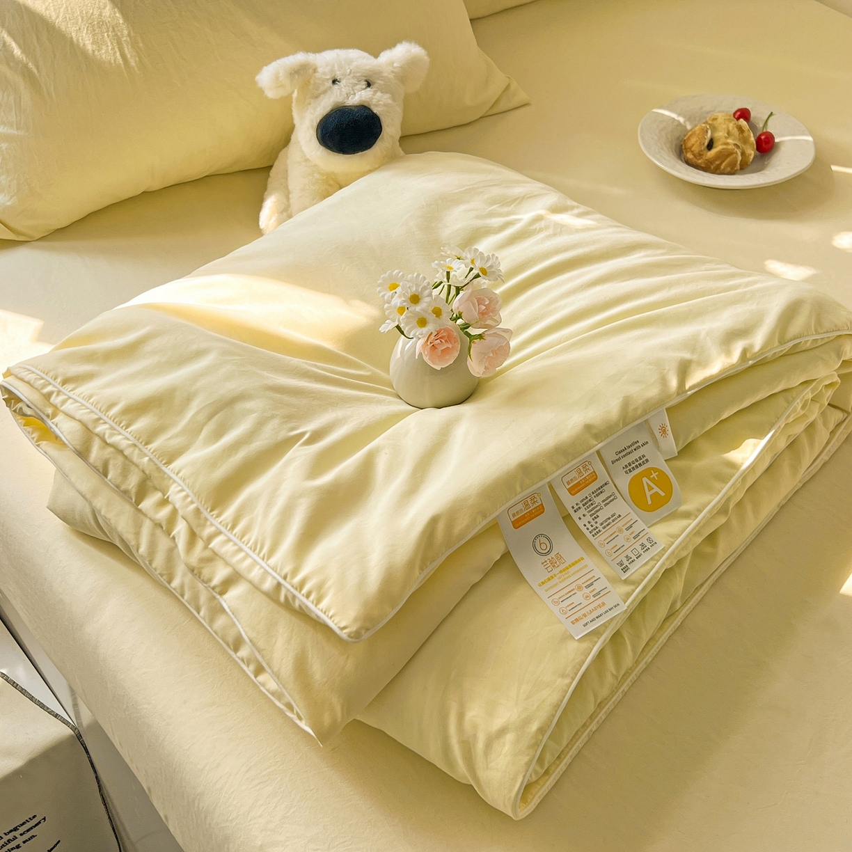 91家纺网 家纺一手货源 找家纺 冕悠家纺 2026春夏新款A类高克重超级无敌柔软水洗棉拼色夏被空调被夏凉被四件套 芝士-夏凉被