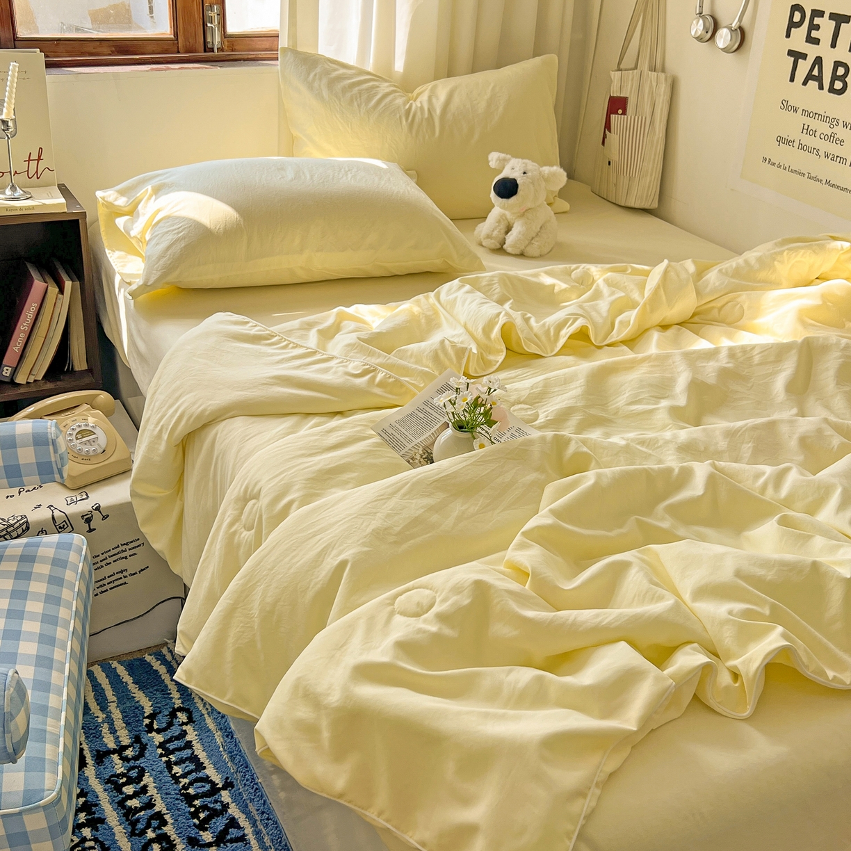 91家纺网 家纺一手货源 找家纺 冕悠家纺 2026春夏新款A类高克重超级无敌柔软水洗棉拼色夏被空调被夏凉被四件套 芝士-夏凉被