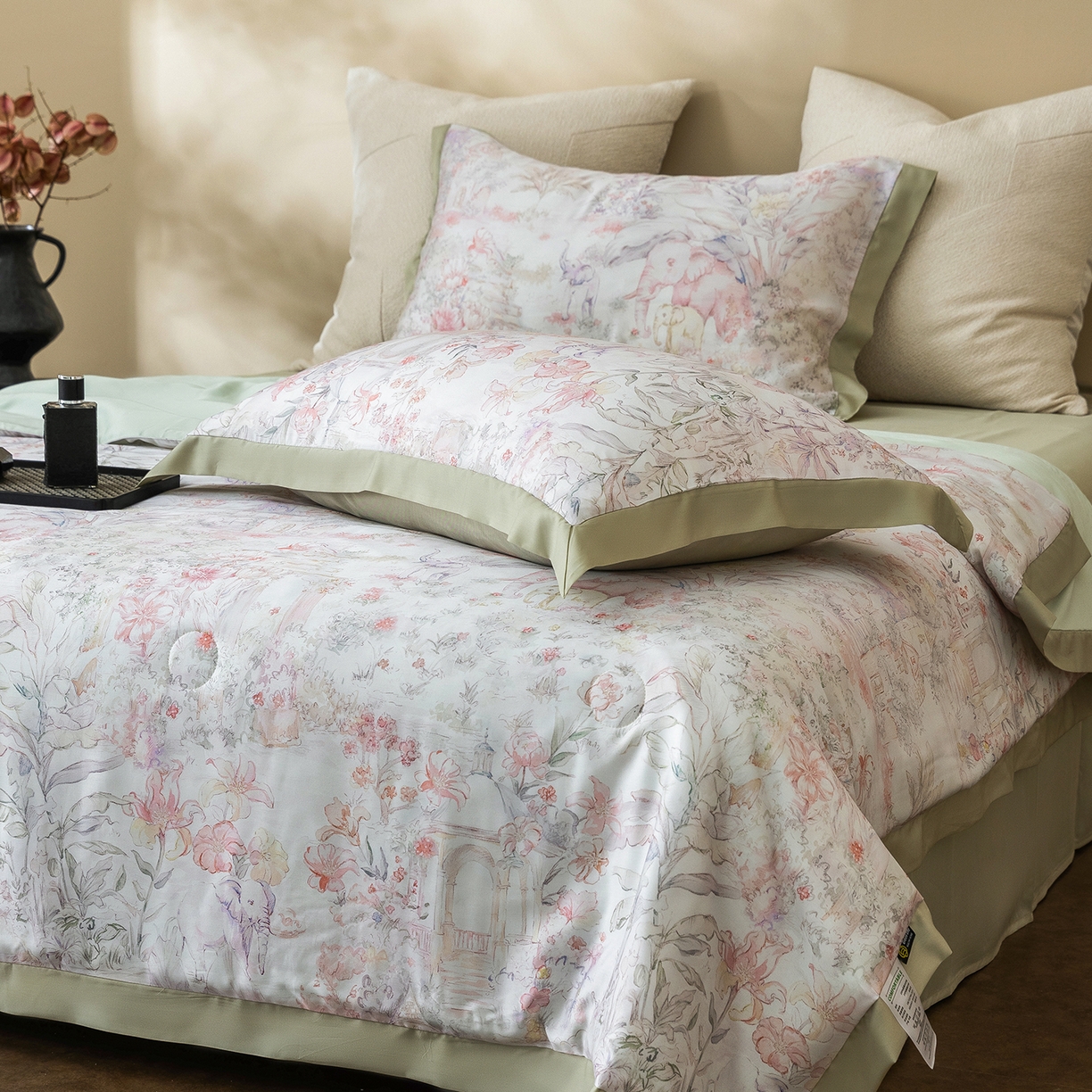 91家纺网 家纺一手货源 找家纺 立奥被业 2026年新款100%莱赛尔夏被莱赛尔夏被四件套天丝夏凉被 秘境花序-绿