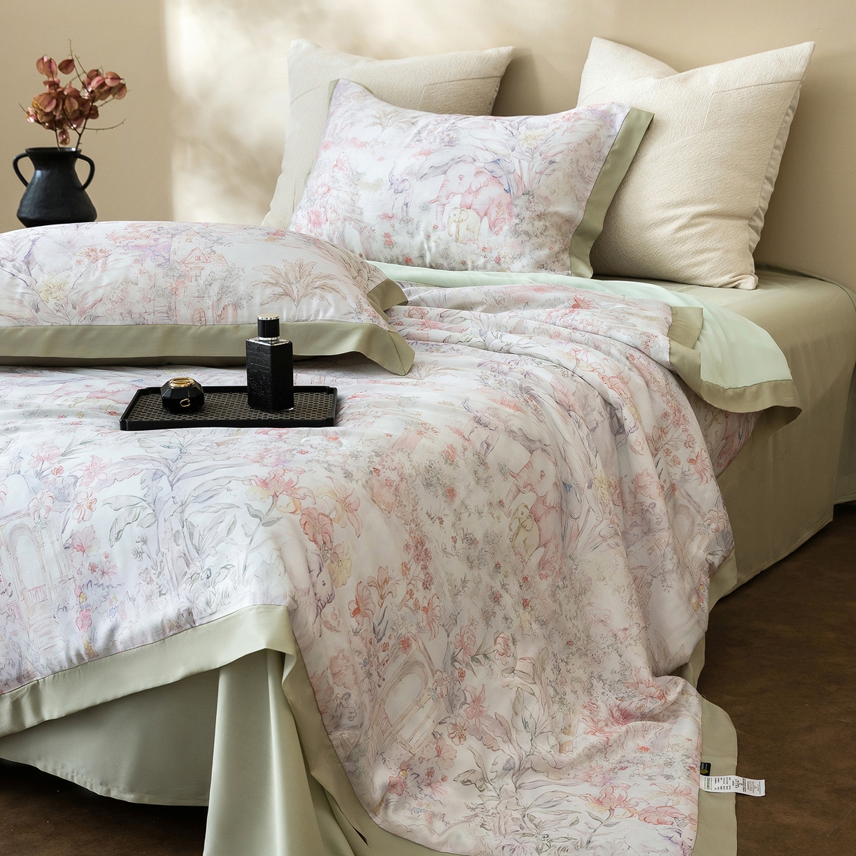 91家纺网 家纺一手货源 找家纺 立奥被业 2026年新款100%莱赛尔夏被莱赛尔夏被四件套天丝夏凉被 秘境花序-绿