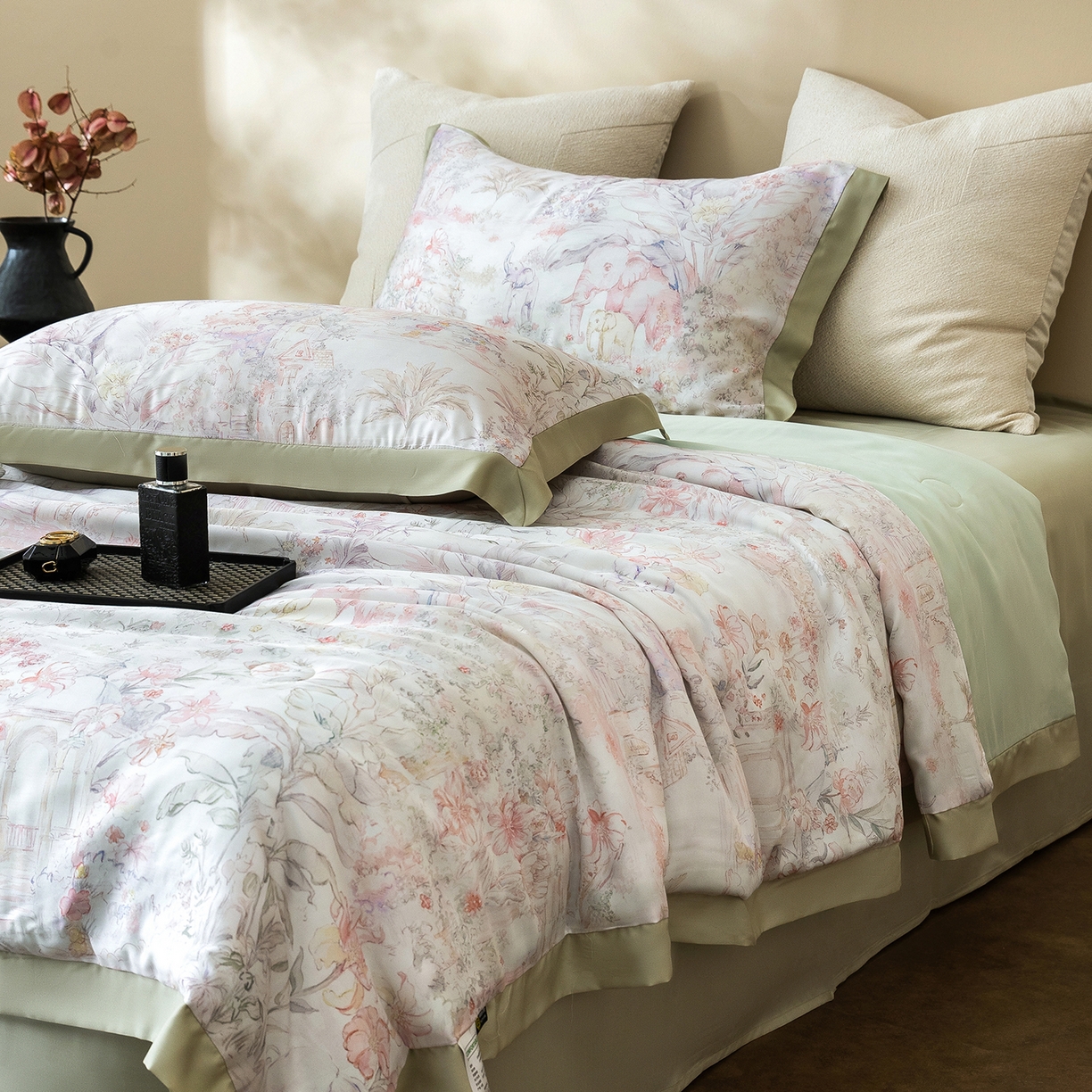 91家纺网 家纺一手货源 找家纺 立奥被业 2026年新款100%莱赛尔夏被莱赛尔夏被四件套天丝夏凉被 秘境花序-绿