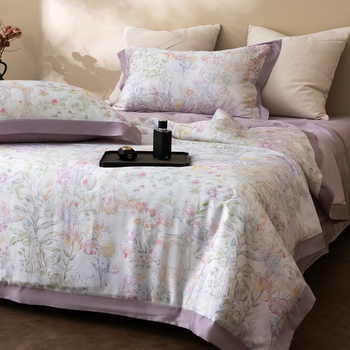 91家纺网 家纺一手货源 找家纺 立奥被业 2026年新款100%莱赛尔夏被莱赛尔夏被四件套天丝夏凉被 秘境花序-紫