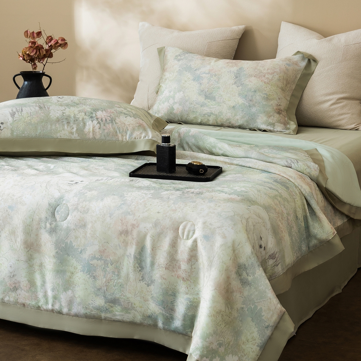 91家纺网 家纺一手货源 找家纺 立奥被业 2026年新款100%莱赛尔夏被莱赛尔夏被四件套天丝夏凉被 小憩花园-绿