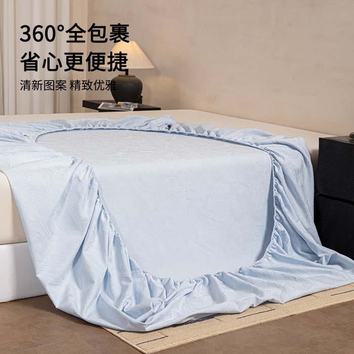 91家纺网 家纺一手货源 找家纺 眠博士 2026春夏新款60水洗立体提花床笠床笠单价 床笠-冠马踏云-嫩蓝