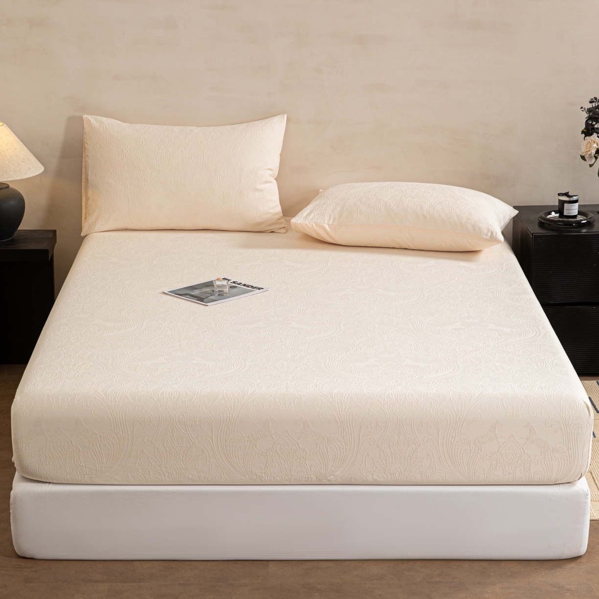 91家纺网 家纺一手货源 找家纺 眠博士 2026春夏新款60水洗立体提花床笠床笠单价 床笠-冠马踏云-奶白