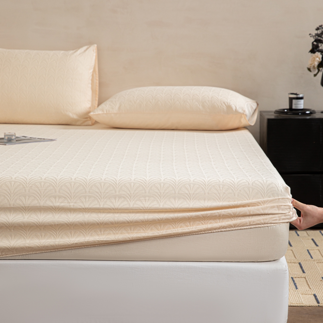 91家纺网 家纺一手货源 找家纺 眠博士 2026春夏新款60水洗立体提花床笠床笠单价 床笠-杏影-奶白