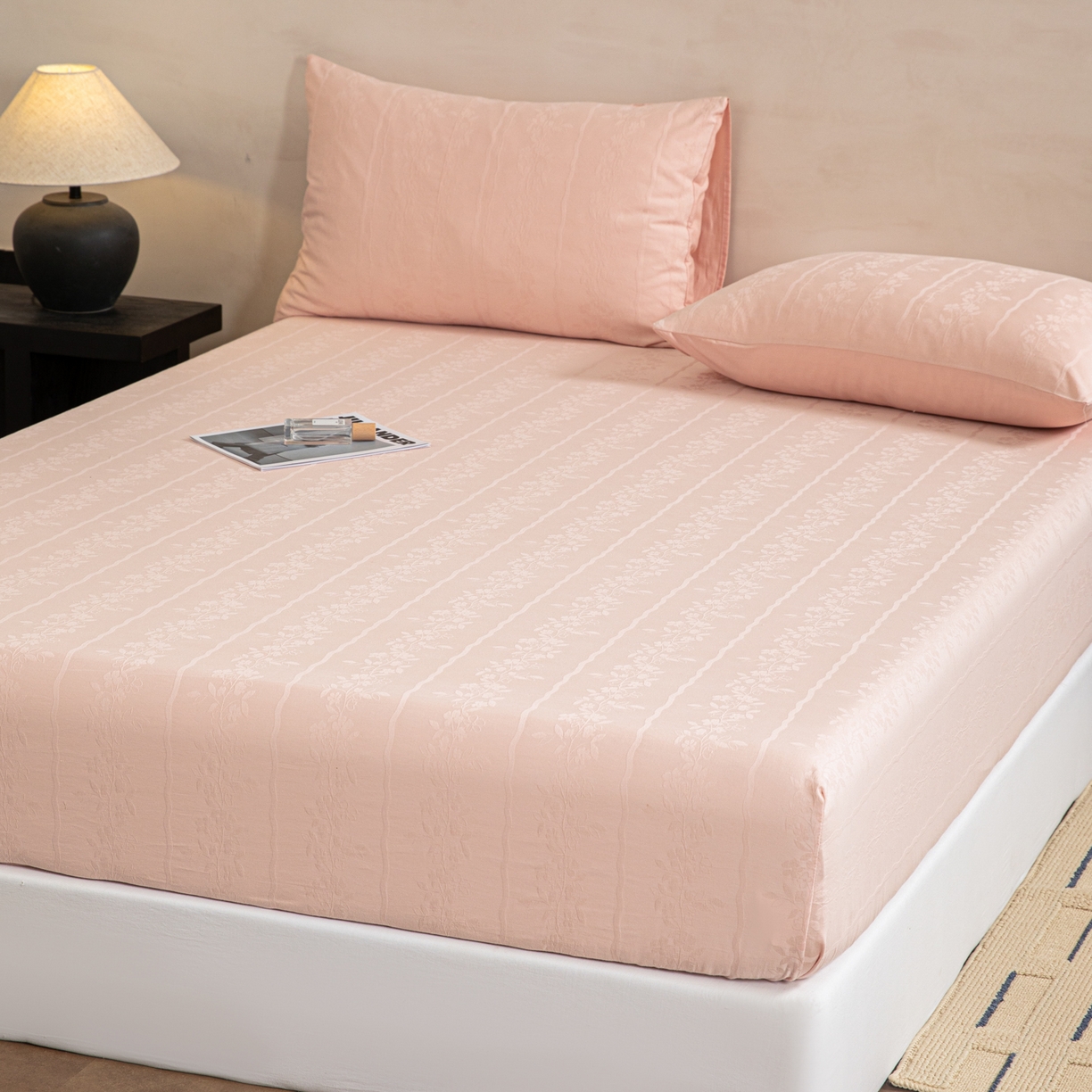 91家纺网 家纺一手货源 找家纺 眠博士 2026春夏新款60水洗立体提花床笠床笠单价 床笠-花间梦-粉