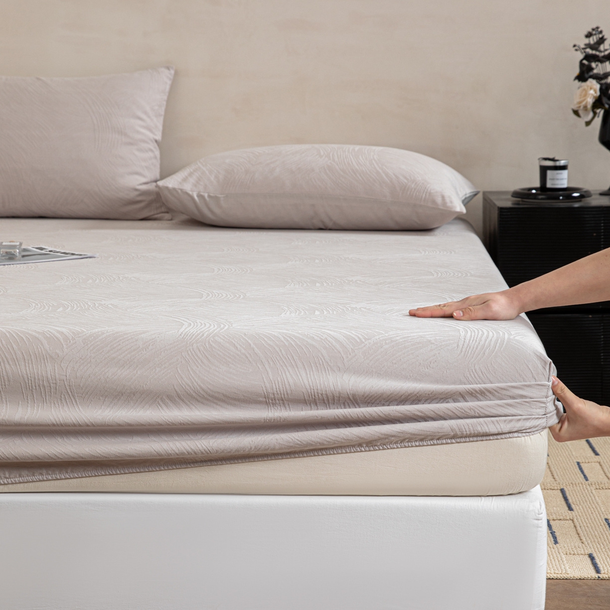 91家纺网 家纺一手货源 找家纺 眠博士 2026春夏新款60水洗立体提花床笠床笠单价 床笠-月岛弥生-灰