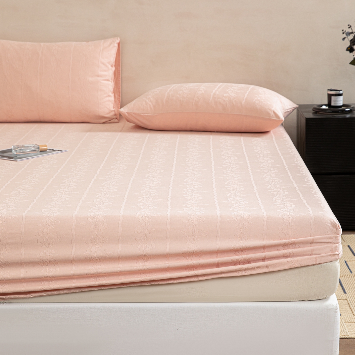 91家纺网 家纺一手货源 找家纺 眠博士 2026春夏新款60水洗立体提花床笠床笠单价 床笠-花间梦-粉