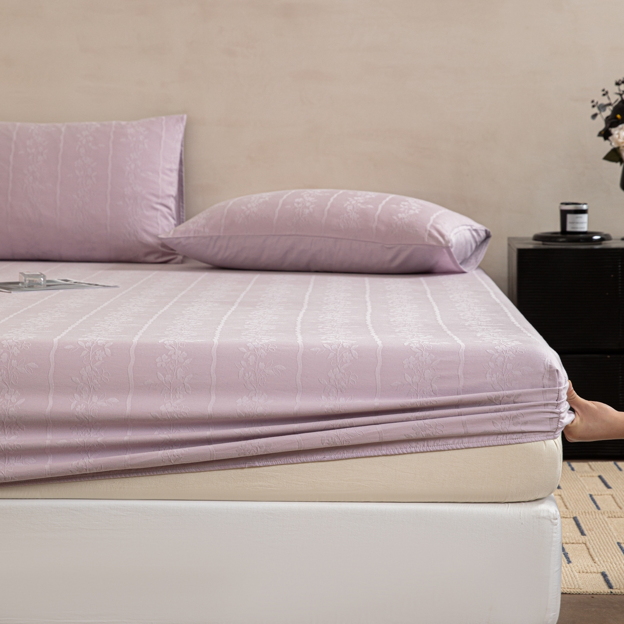 91家纺网 家纺一手货源 找家纺 眠博士 2026春夏新款60水洗立体提花床笠床笠单价 床笠-花间梦-紫