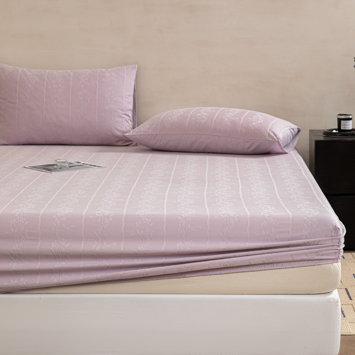 91家纺网 家纺一手货源 找家纺 眠博士 2026春夏新款60水洗立体提花床笠床笠单价 床笠-花间梦-紫