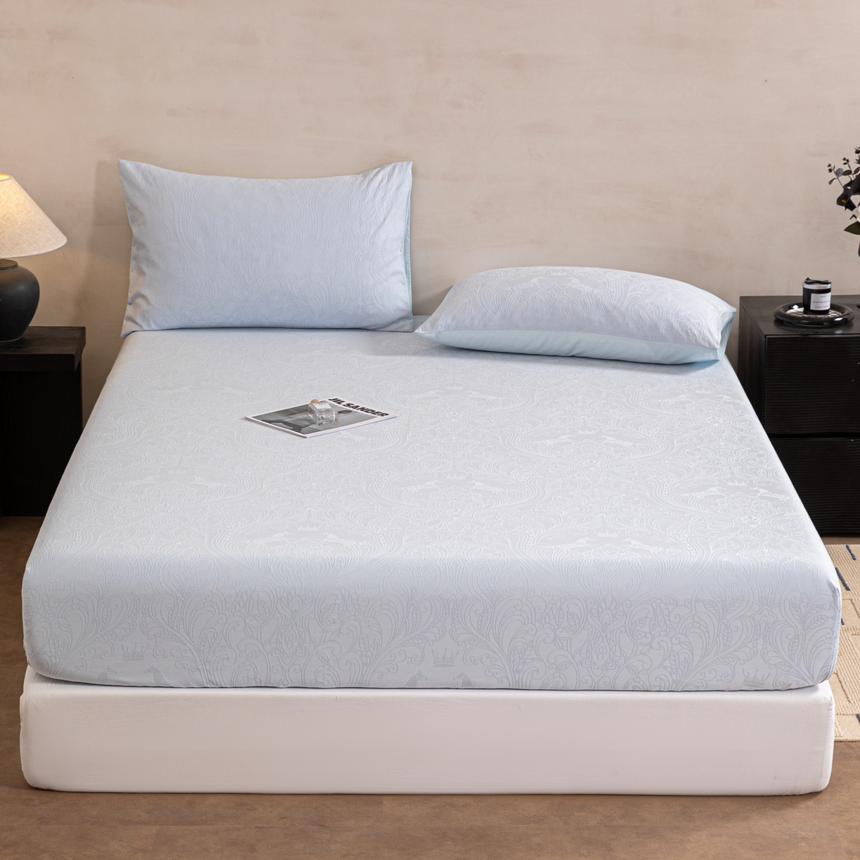 91家纺网 家纺一手货源 找家纺 眠博士 2026春夏新款60水洗立体提花床笠床笠单价 床笠-冠马踏云-嫩蓝