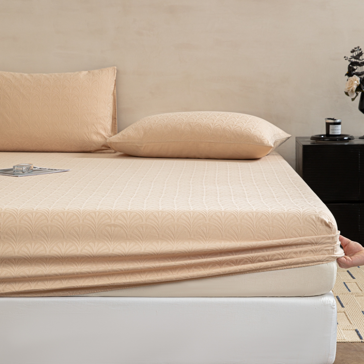 91家纺网 家纺一手货源 找家纺 眠博士 2026春夏新款60水洗立体提花床笠床笠单价 床笠-杏影-卡其