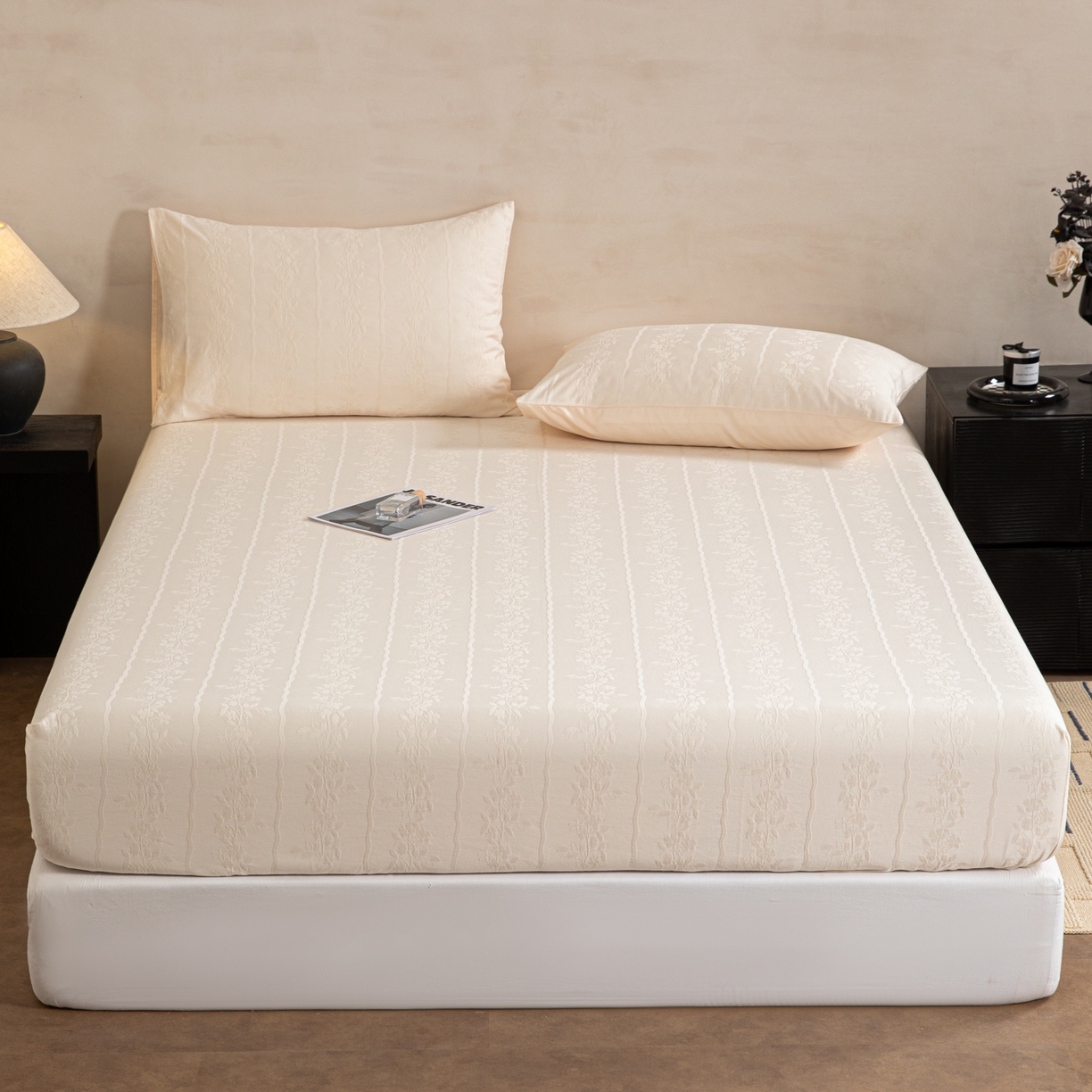 91家纺网 家纺一手货源 找家纺 眠博士 2026春夏新款60水洗立体提花床笠床笠单价 床笠-花间梦-奶白