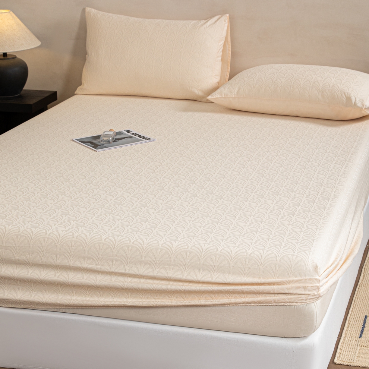 91家纺网 家纺一手货源 找家纺 眠博士 2026春夏新款60水洗立体提花床笠床笠单价 床笠-杏影-奶白