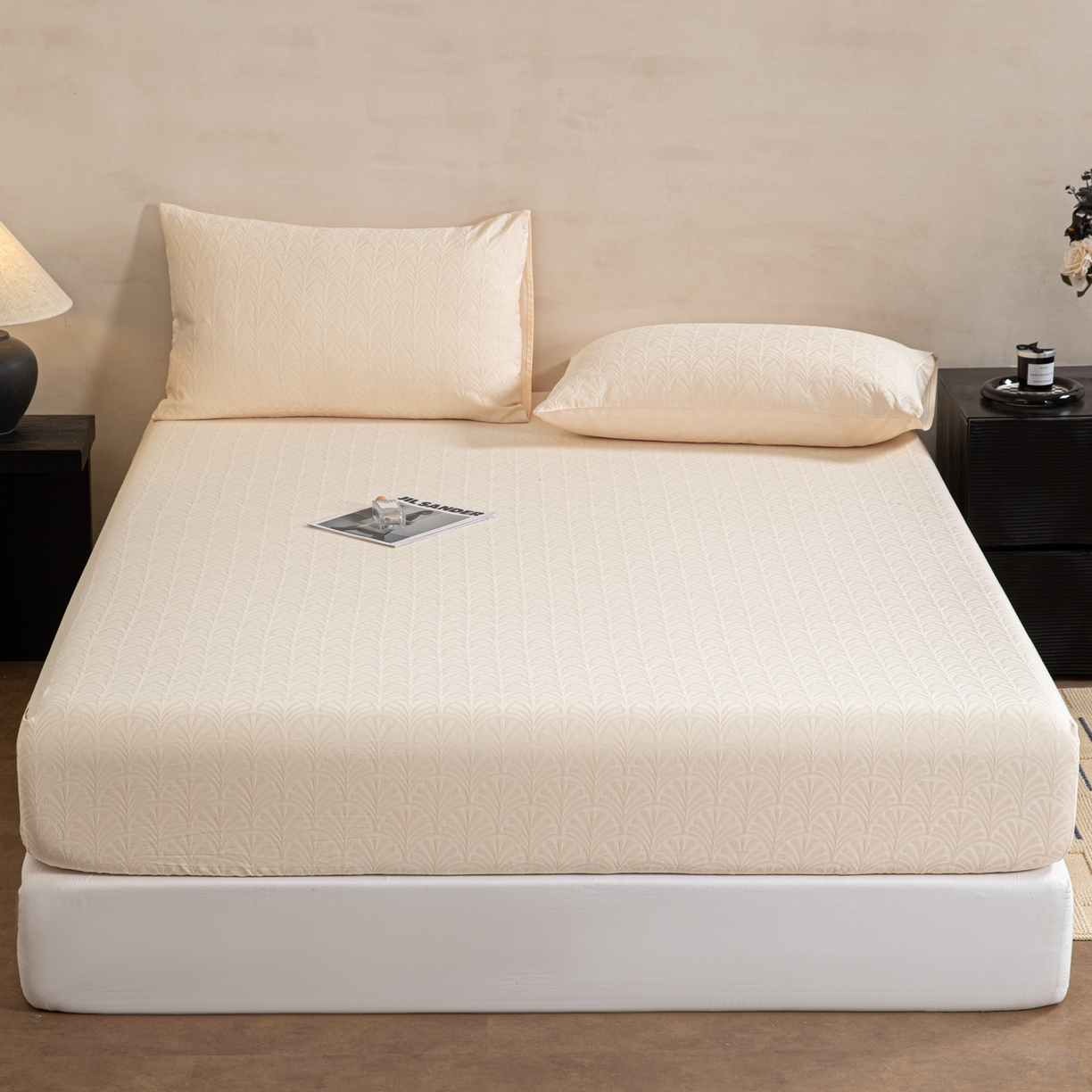 91家纺网 家纺一手货源 找家纺 眠博士 2026春夏新款60水洗立体提花床笠床笠单价 床笠-杏影-奶白