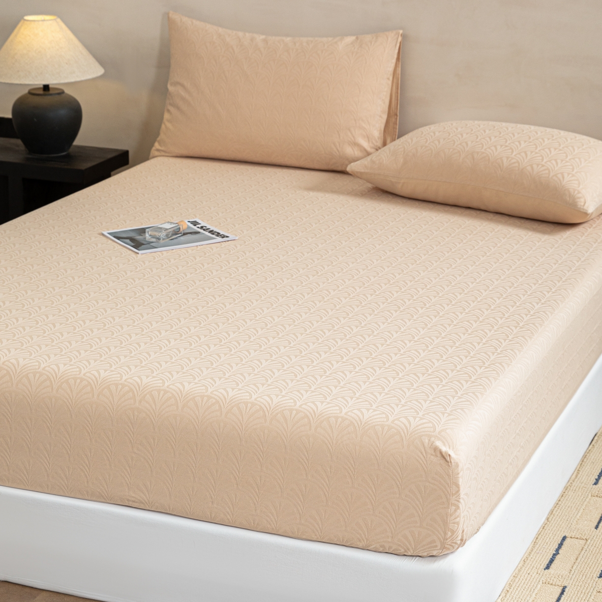 91家纺网 家纺一手货源 找家纺 眠博士 2026春夏新款60水洗立体提花床笠床笠单价 床笠-杏影-卡其