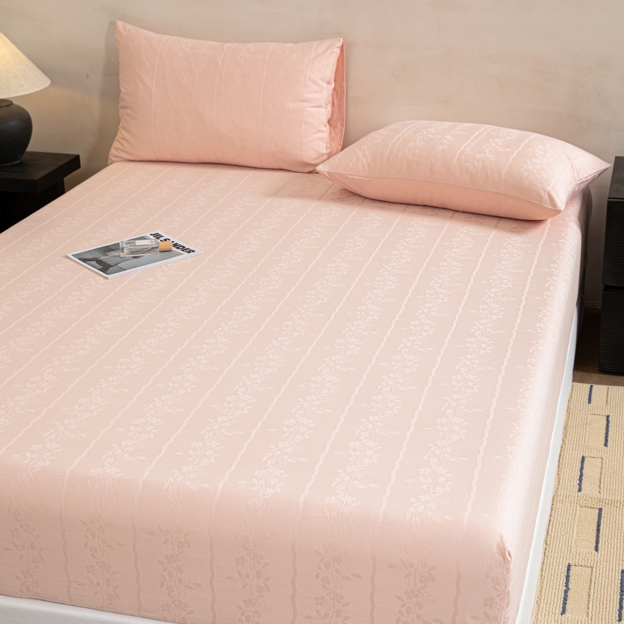 91家纺网 家纺一手货源 找家纺 眠博士 2026春夏新款60水洗立体提花床笠床笠单价 床笠-花间梦-粉