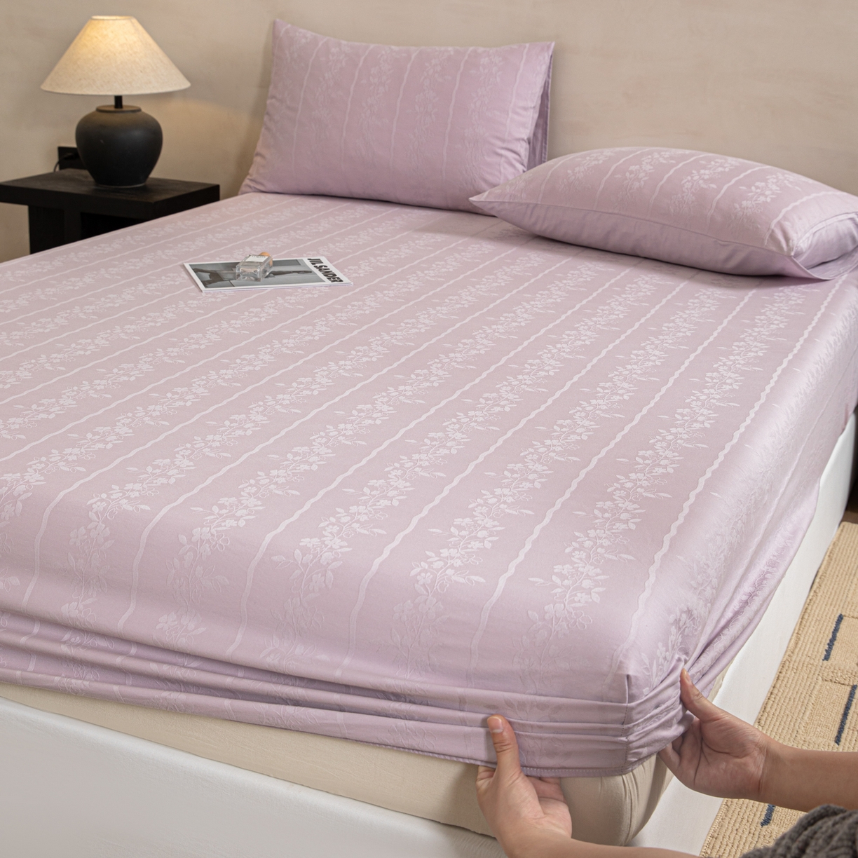 91家纺网 家纺一手货源 找家纺 眠博士 2026春夏新款60水洗立体提花床笠床笠单价 床笠-花间梦-紫