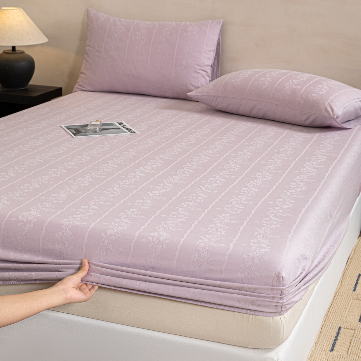 91家纺网 家纺一手货源 找家纺 眠博士 2026春夏新款60水洗立体提花床笠床笠单价 床笠-花间梦-紫