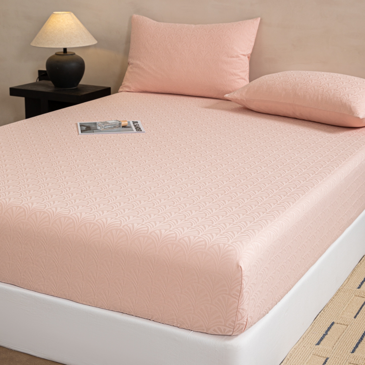 91家纺网 家纺一手货源 找家纺 眠博士 2026春夏新款60水洗立体提花床笠床笠单价 床笠-杏影-粉