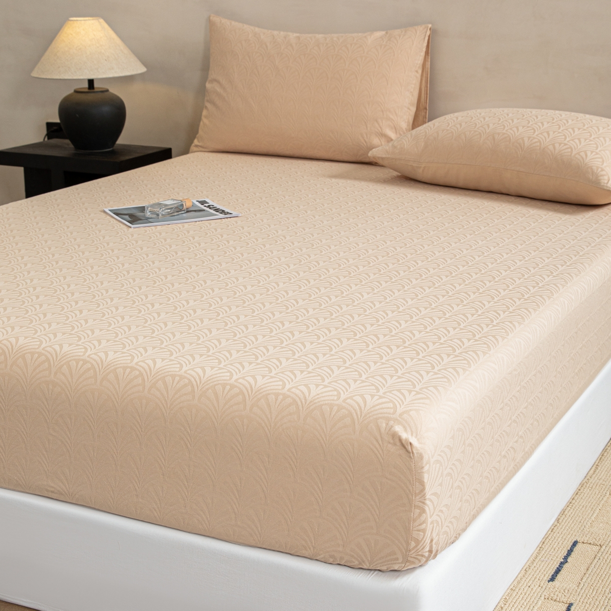 91家纺网 家纺一手货源 找家纺 眠博士 2026春夏新款60水洗立体提花床笠床笠单价 床笠-杏影-卡其