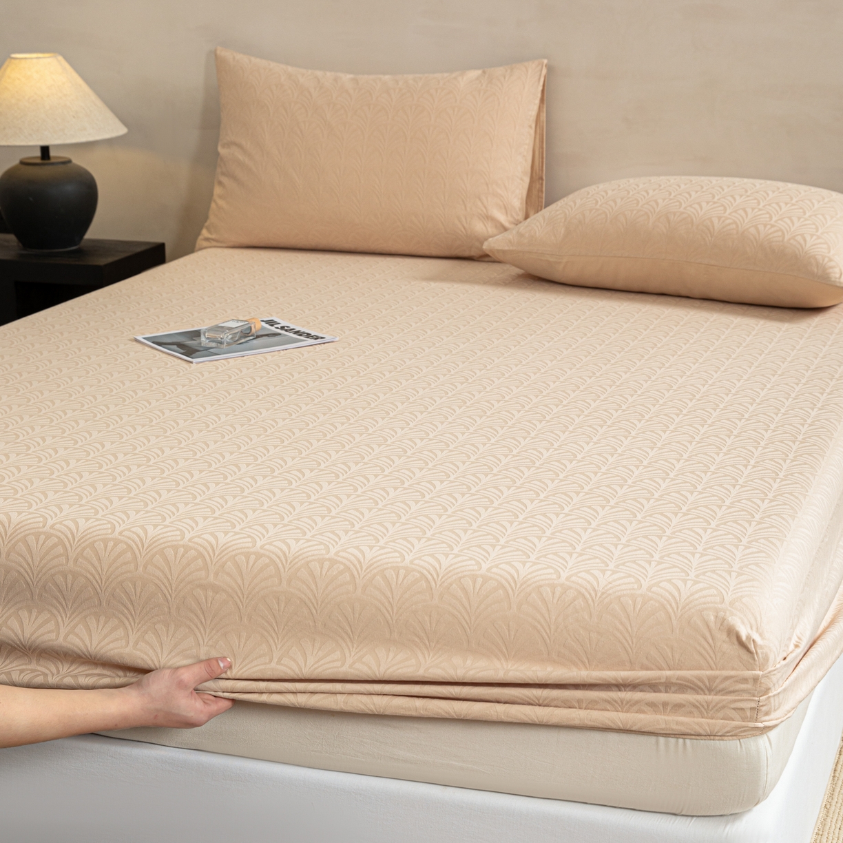 91家纺网 家纺一手货源 找家纺 眠博士 2026春夏新款60水洗立体提花床笠床笠单价 床笠-杏影-卡其