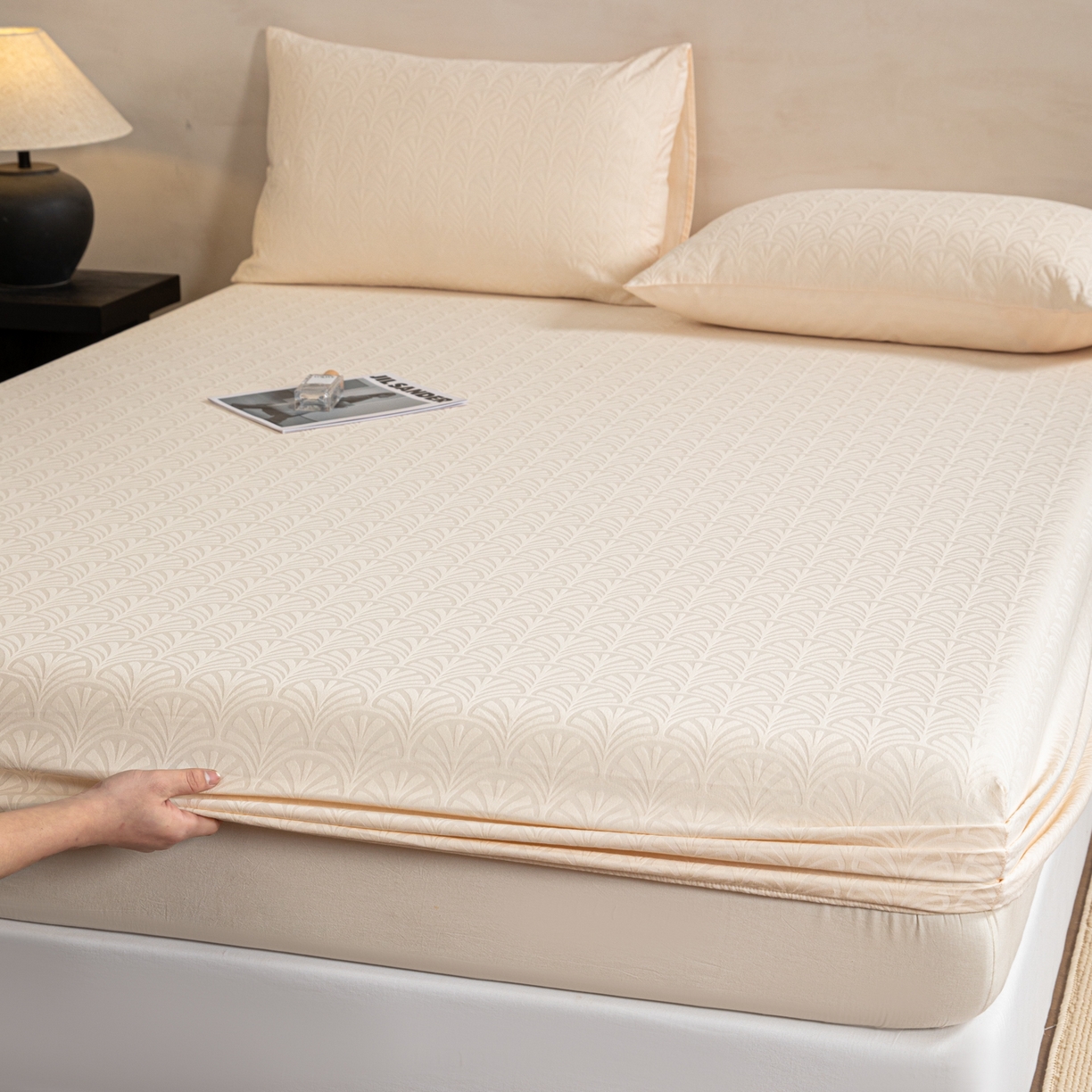 91家纺网 家纺一手货源 找家纺 眠博士 2026春夏新款60水洗立体提花床笠床笠单价 床笠-杏影-奶白