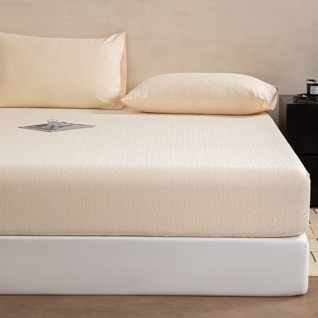 91家纺网 家纺一手货源 找家纺 眠博士 2026春夏新款60水洗立体提花床笠床笠单价 床笠-杏影-奶白