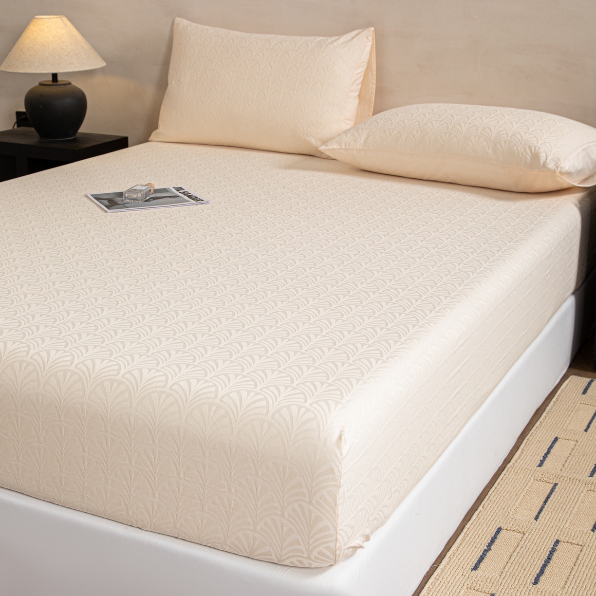 91家纺网 家纺一手货源 找家纺 眠博士 2026春夏新款60水洗立体提花床笠床笠单价 床笠-杏影-奶白