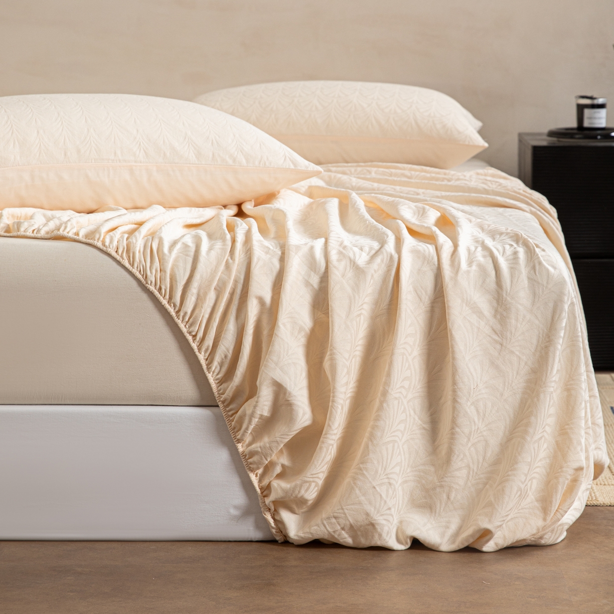 91家纺网 家纺一手货源 找家纺 眠博士 2026春夏新款60水洗立体提花床笠床笠单价 床笠-杏影-奶白