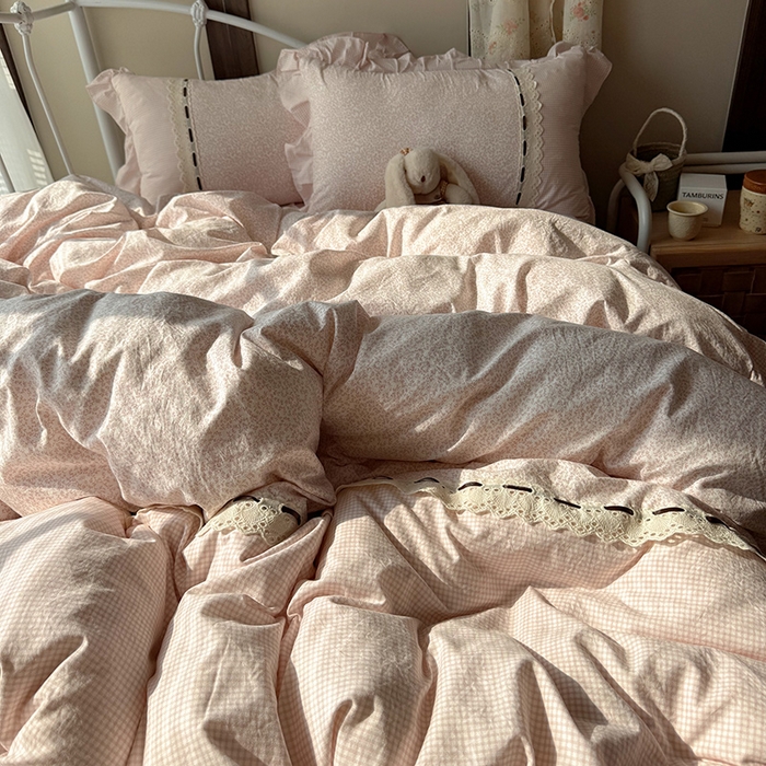 韩都家居 2026春夏新款韩式小碎花水洗古棉花边四件套 秘境-玉