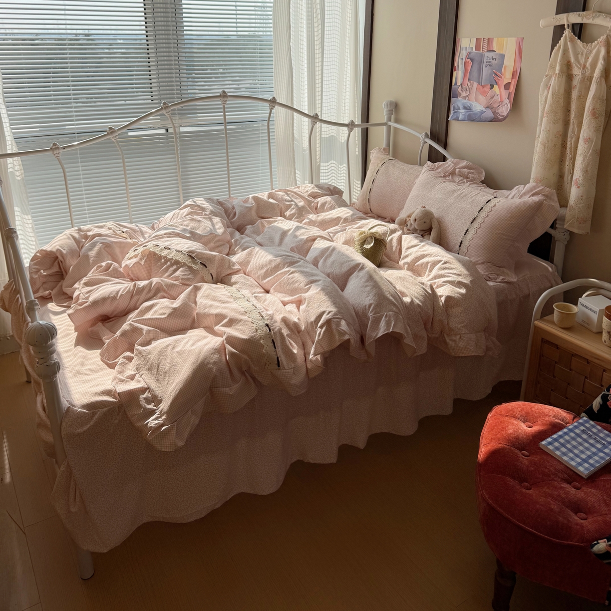 91家纺网 家纺一手货源 找家纺 韩都家居 2026春夏新款韩式小碎花水洗古棉花边四件套 秘境-玉