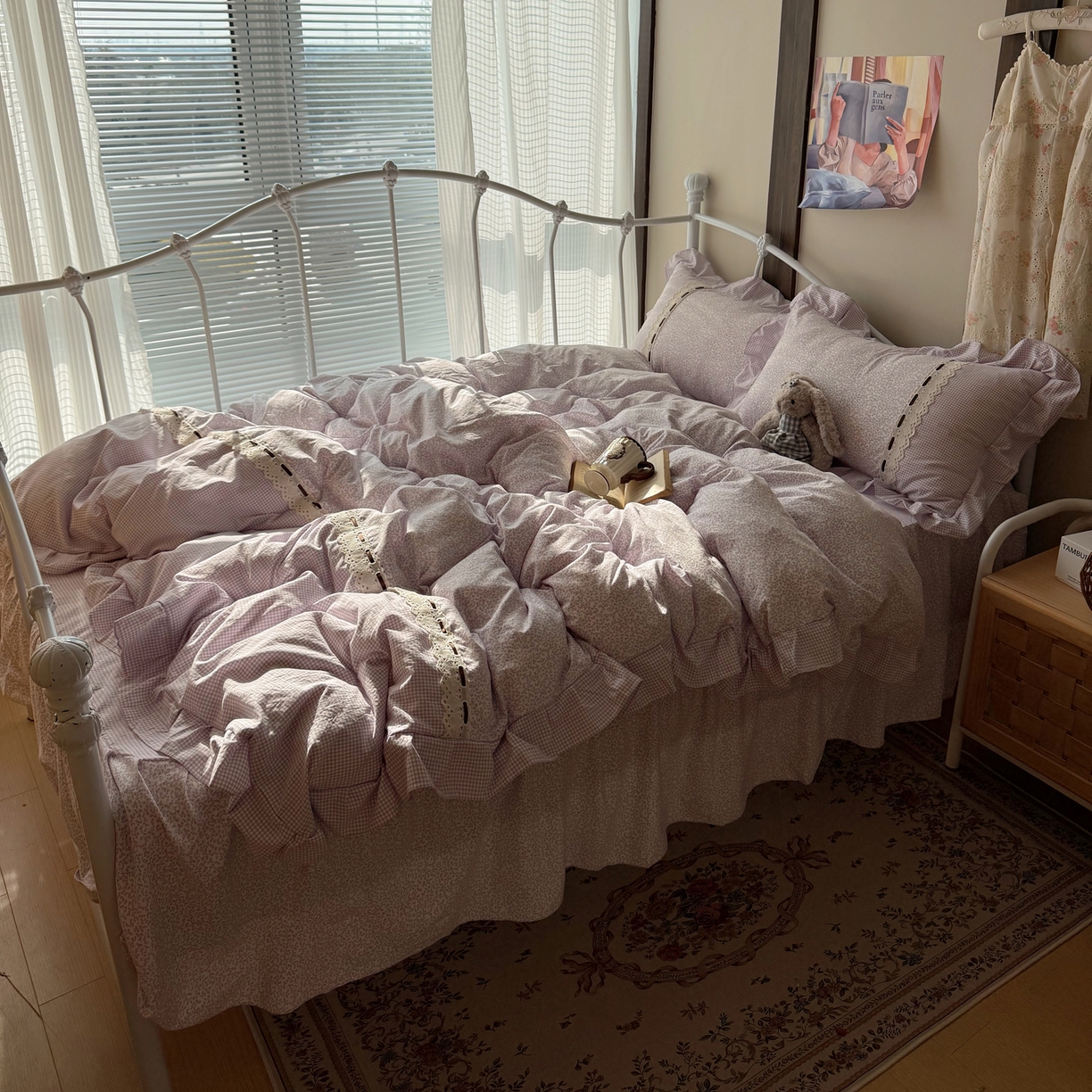 91家纺网 家纺一手货源 找家纺 韩都家居 2026春夏新款韩式小碎花水洗古棉花边四件套 秘境-紫