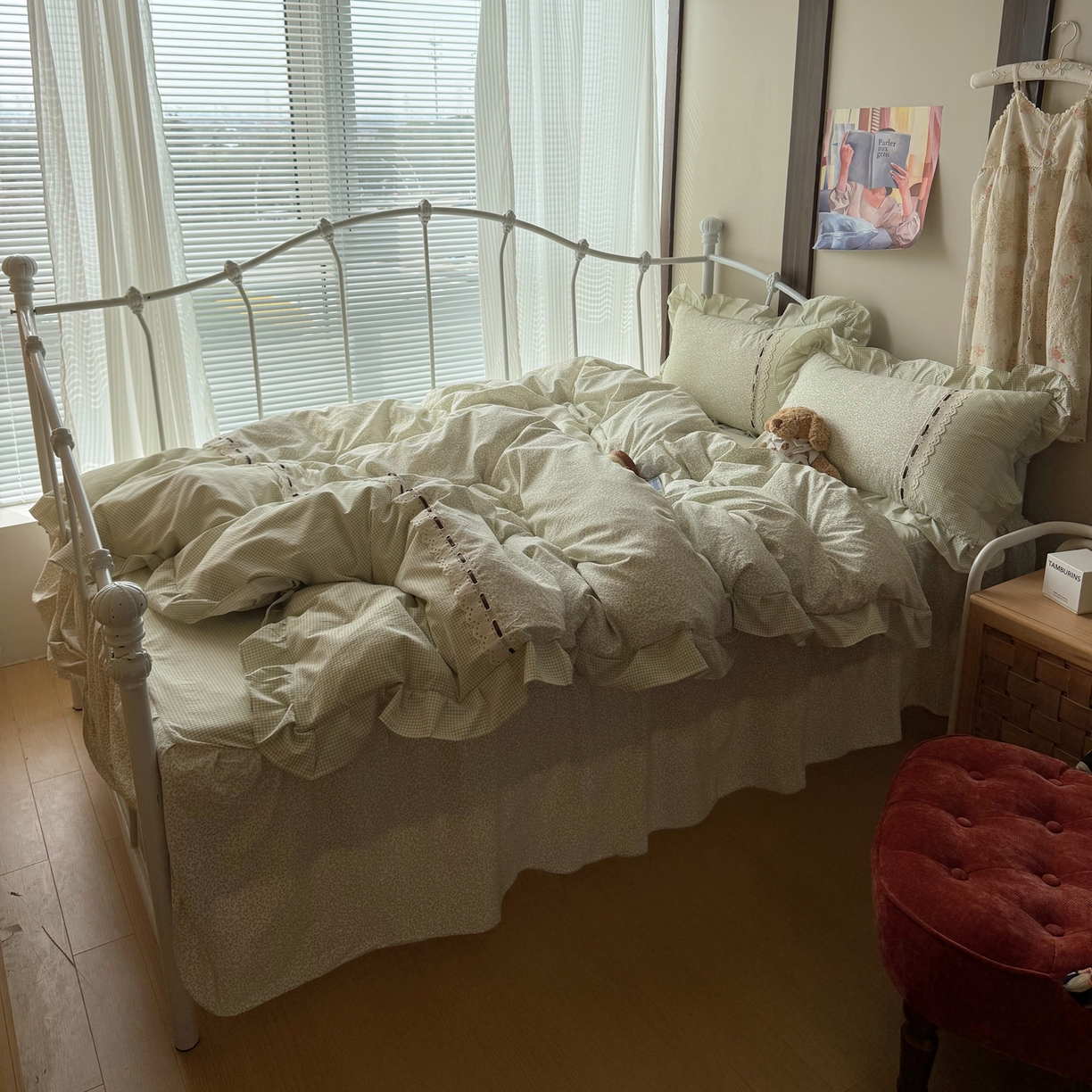 91家纺网 家纺一手货源 找家纺 韩都家居 2026春夏新款韩式小碎花水洗古棉花边四件套 秘境-青草绿